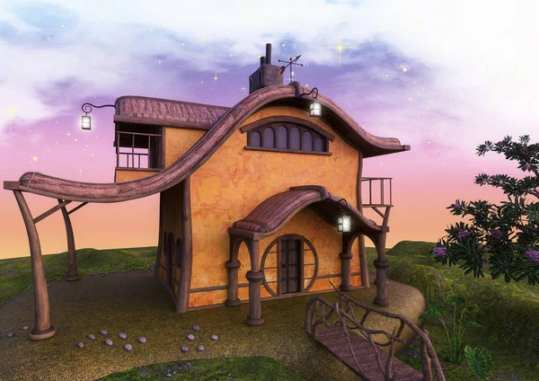 Fairytale fabrika fenerler ve bir köprü ile. 