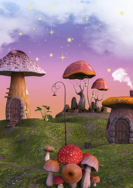 Terra Conto Fadas Cheia Cogumelos Lanternas — Fotografia de Stock