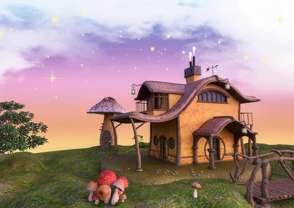 Masal arazi bir fantezi fabrika ve mantar ev ve ağaçları ile.