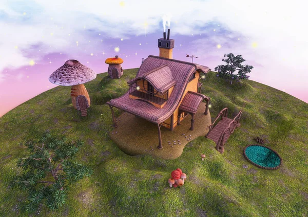 Masal arazi bir fantezi fabrika ve mantar ev, ağaçlar ve küçük bir göl.