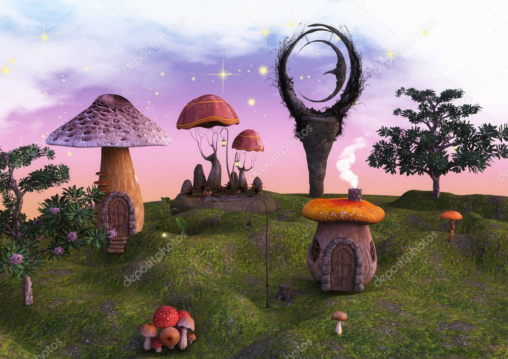 Fairytale land full of mushrooms, lanterns and a moon statue.