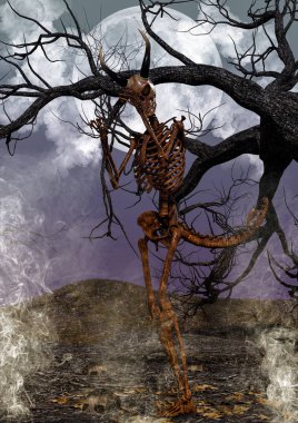 Boynuzları olan ürkütücü bir iskelet portresi.