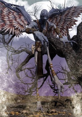 Kör bir canavar sırtında kanatlı portresi.