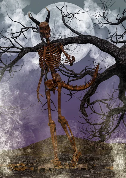 Retrato Esqueleto Assustador Com Chifres Com Uma Lua Cheia Atrás — Fotografia de Stock