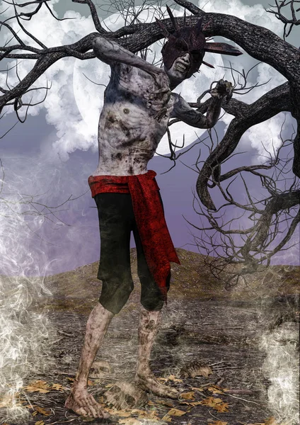 Portrét Shnilé Zombie Obranné Pozice Přilbou Jeho Hlavě — Stock fotografie