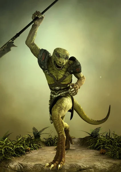Fantasy reptilian warrior with a spear in its hand.