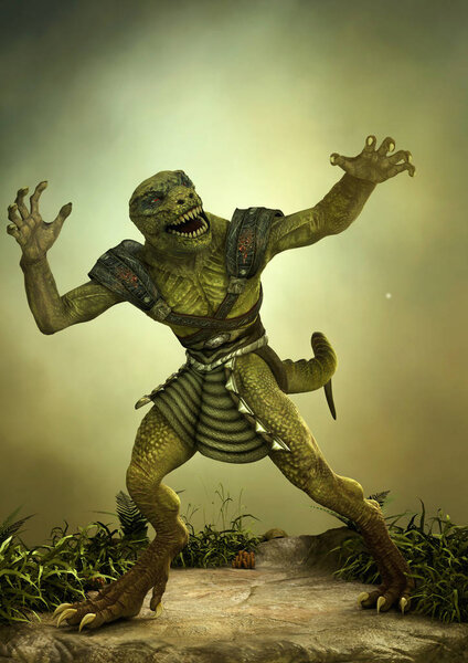Fantasy reptilian warrior in a frightening pose.