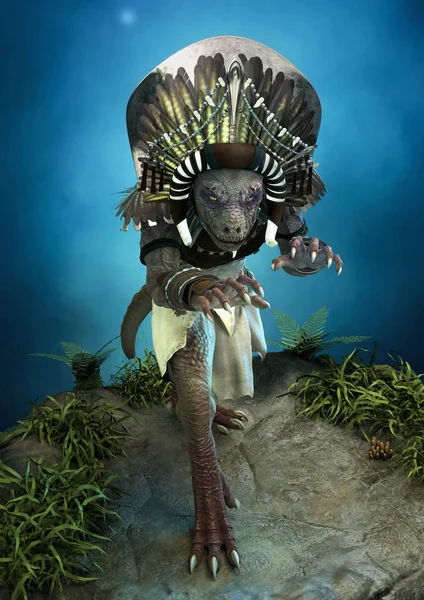 Fantasy reptilian tribal shaman hunting.