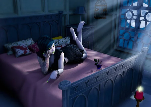 Gothic doll girl lay in the bed with a blue moon shinning.