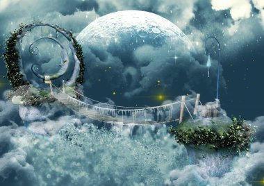 Bir ay heykel ile dondurulmuş sahne fairytale köprü.