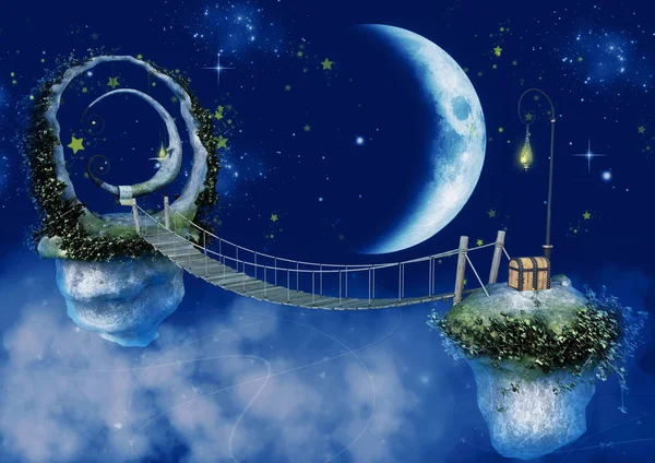 Escena Nocturna Puente Cuento Hadas Con Una Estatua Luna — Foto de Stock