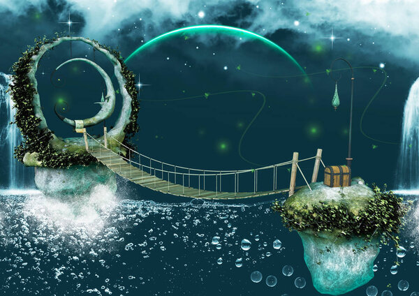 Watery scene fairytale bridge with a moon statue.