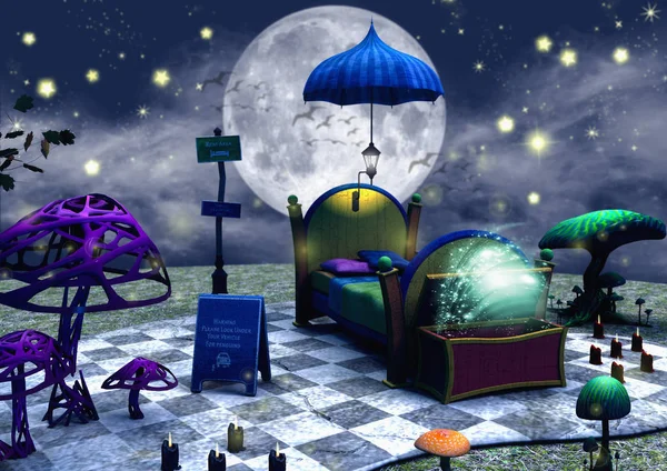 Dunkle Märchenszene Von Einem Bett Einem Regenschirm Einem Magischen Gewölbe — Stockfoto