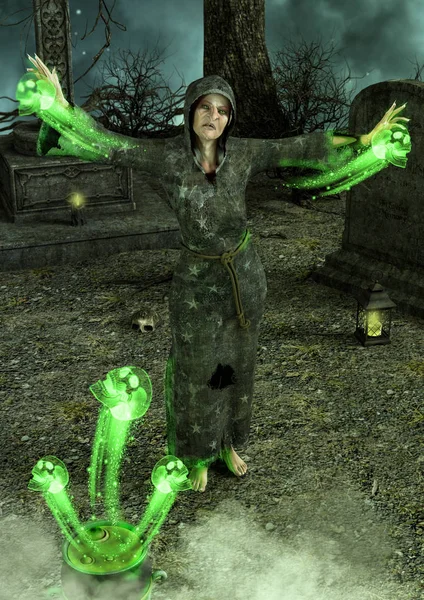 An old witch in a cemetery conjuring creepy ghosts.