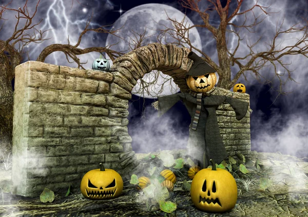 Espantapájaros Con Una Cabeza Calabaza Halloween Lugar Aterrador — Foto de Stock