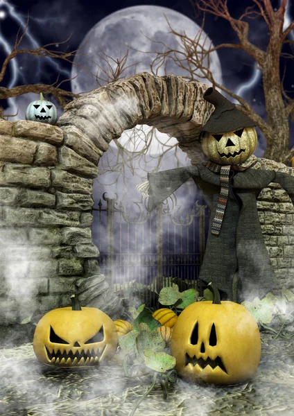 Retrato Cerca Espantapájaros Con Una Cabeza Calabaza Halloween Lugar Aterrador — Foto de Stock