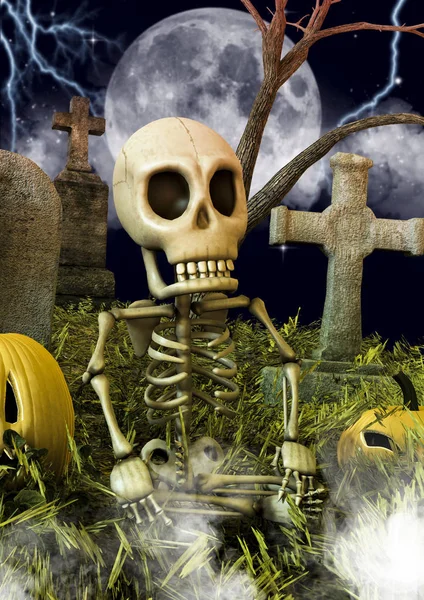 一个滑稽的骷髅坐在墓地与万圣节南瓜 — 图库照片