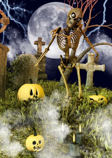 Esqueleto Aterrador Dentro Cementerio Nocturno Con Calabazas Halloween — Foto de Stock