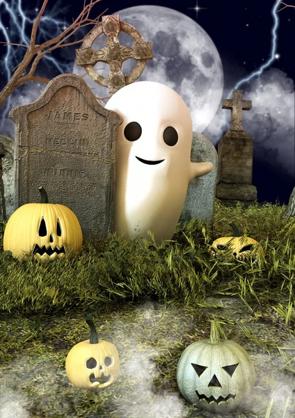Fantasma Amigable Detrás Una Lápida Rodeada Calabazas Halloween Cementerio — Foto de Stock