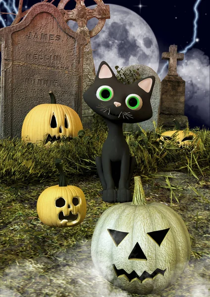 Simpático Gato Negro Cementerio Rodeado Calabazas Halloween — Foto de Stock