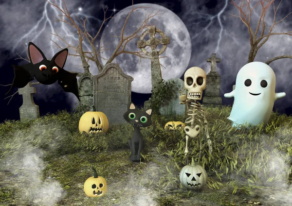 A friendly bat, black cat, skeleton, sheet ghost and Halloween pumpkins in a cemetery.