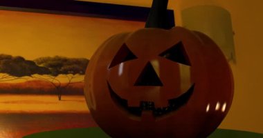 Animasyon bir Halloween balkabağı istismar ve bir kafatası içinde.