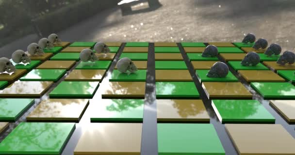 緑と黄色のゲームボードに移動の頭蓋骨のグループ — ストック動画