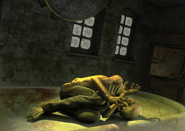 A creepy zombie lay in a table inside a morgue.