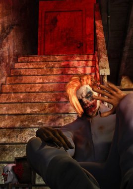 Yerde oturan bir psikopat katil palyaço yakın çekim portresi.