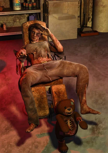 Una Escena Oso Peluche Embrujado Con Cadáver Sentado Una Silla — Foto de Stock