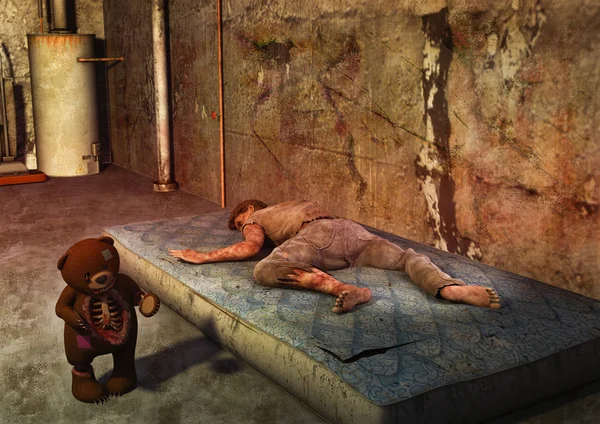 Una Escena Oso Peluche Embrujado Con Cadáver Tumbado Colchón Sucio — Foto de Stock