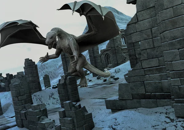 Сцена Яростным Драконом Руинах Замка — стоковое фото