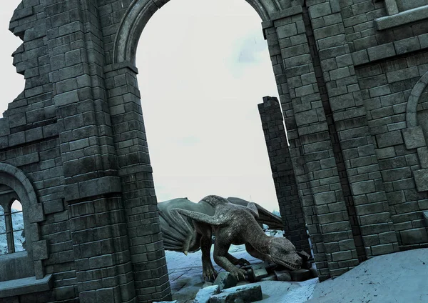 A scene with the entrance of ruin castle a huge dragon.