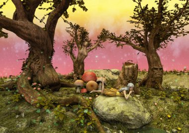 Bir çayır bir taş döşeme bir peri ile bir renkli fairytale sahne. 