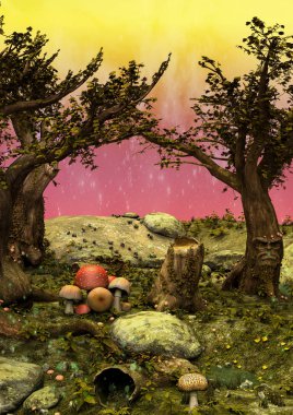 Ağaçlar, kayalar ve mantar ile bir renkli fairytale sahne. 