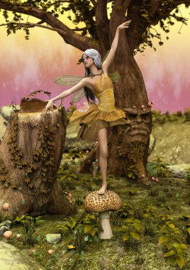 Fantezi peri bir mantar üzerinde dans sahnesi.