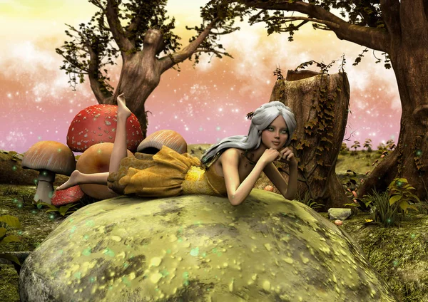 Bir çayır renkli bir sahne ile bir peri yakından görmek. 