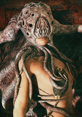 Cthulhu benzeri maskeleri giyinme bir kadın portresi.