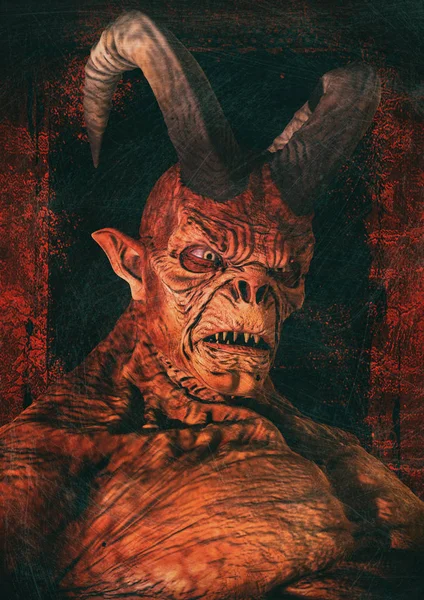 Portrait Scary Red Horned Demon — Stock Photo, Image