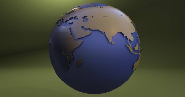 Avrupa ve Asya kıtaları gösteren dünya gezegen renklerde, mavi ve sarı bir arka plan.