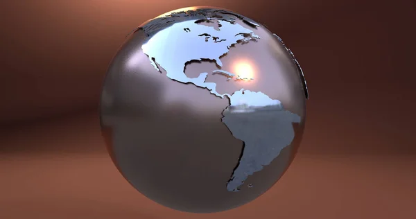 A background with the Earth planet made in metal, which shows the American continent.