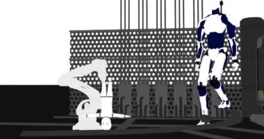 Bir robot bir fabrikada karikatürize bir tarzda bir animasyon.