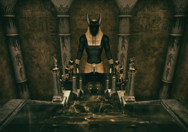 Mısır Tanrı Anubis büyük bir heykel için uzanan bir merdiven ile bir sahne.