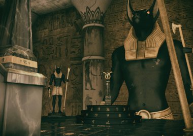 Bir fantezi Mısır Tapınağı ve Tanrı'nın bir Ank izlerken Anubis iki heykelleri.