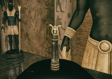 Bir sahne ile iki altın yılan ve Tanrı Anubis'in heykeli tarafından korunan bir Ank yakından görmek. 
