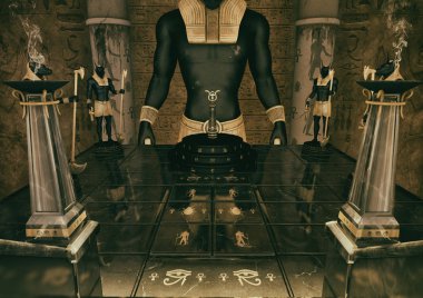 Tanrı Anubis heykelleri tarafından korunan bir fantezi Mısır tapınağının girişinde bir sahne.