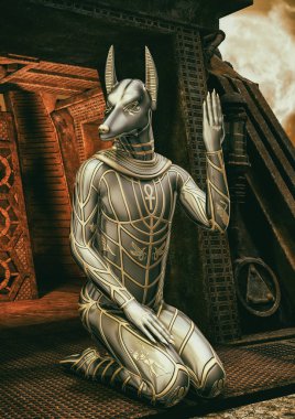 Mısır Tanrı dizlerinin üzerinde oturan ve bir jest yapma Anubis yakın çekim portresi.