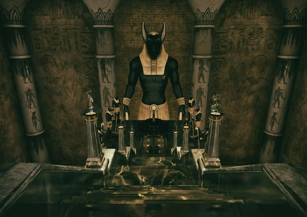 エジプトの神アヌビスの巨大な像につながるはしごシーン — ストック写真