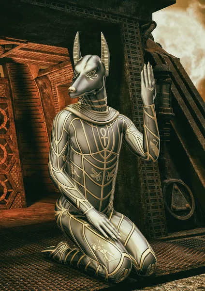 Detailní Portrét Egyptský Bůh Anubis Sedí Kolenou Gesto — Stock fotografie