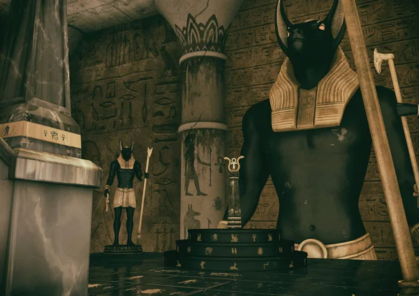 Una Escena Templo Egipcio Fantasía Dos Estatuas Del Dios Anubis Fotos De Stock